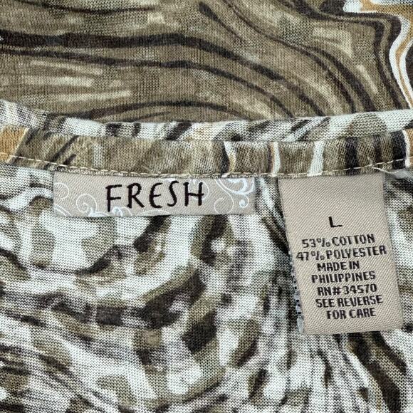 90's tan trippy swirl camo cotton blend scoop neck semi sheer blouse by FRESH - Picture 4 of 16